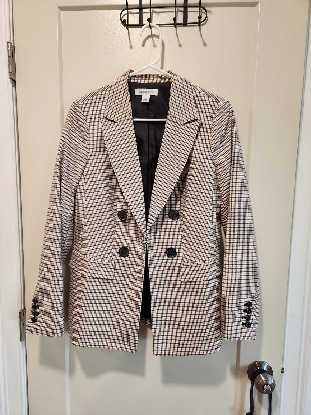 Liz Claiborne Women's Black Cream Coral Checked Double-Breasted Blazer Size 2